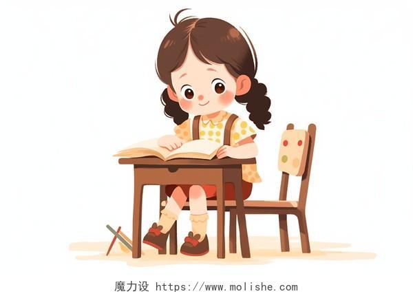 一个小女孩在书桌前看书卡通AI插画